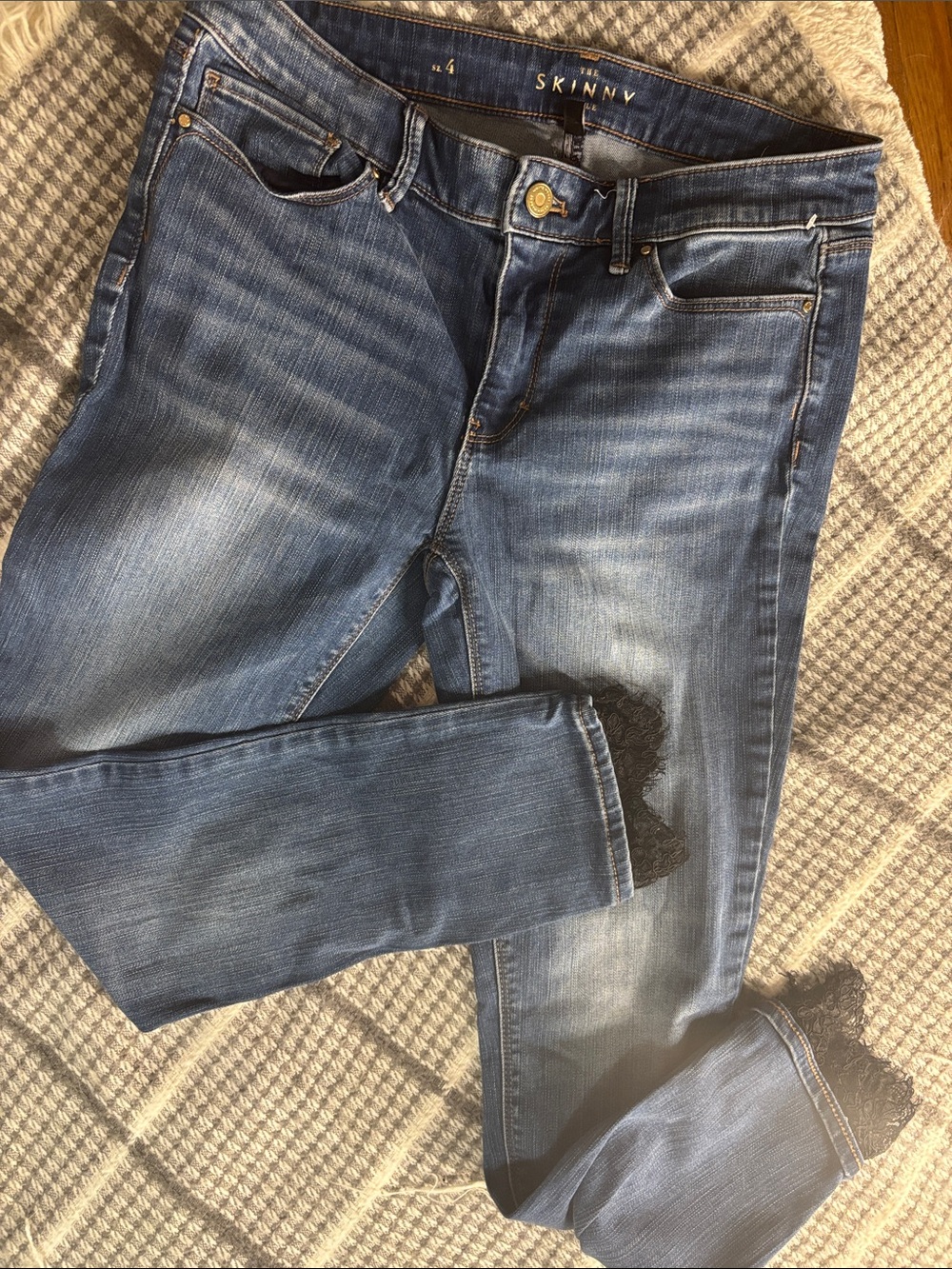 White House Black Market Dark Blue Skinny Jeans with Lace Cuff